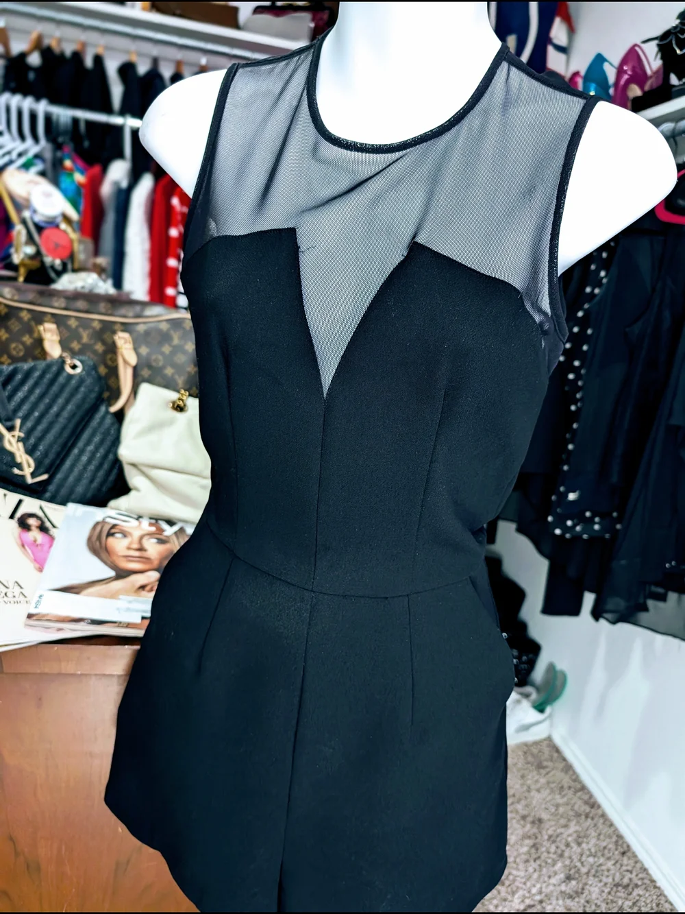 BCBG Black Sheer-Yoke Romper